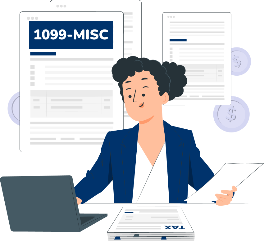 Professional woman working on laptop filing 1099 forms online